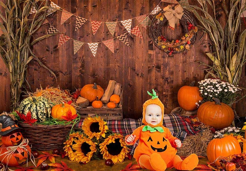 Funnytree 7x5ft Fall Thanksgiving Photography Backdrop Rustic Wooden Floor Barn Harvest Background Autumn Pumpkins Maple Leaves Sunflower Baby Portrait Party Decoration Photo Studio Booth Props - Image 4